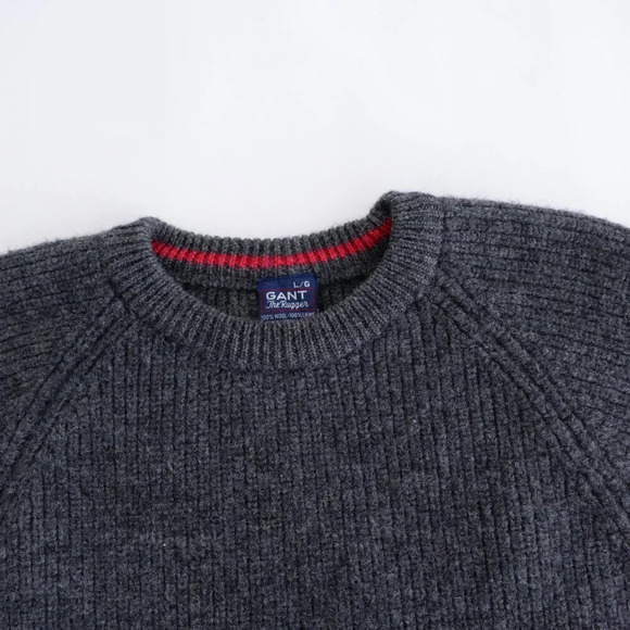 Vintage Gant The Rugger Grey w Blue Red Striped  100% Wool Crewneck Sweater L - Picture 10 of 11